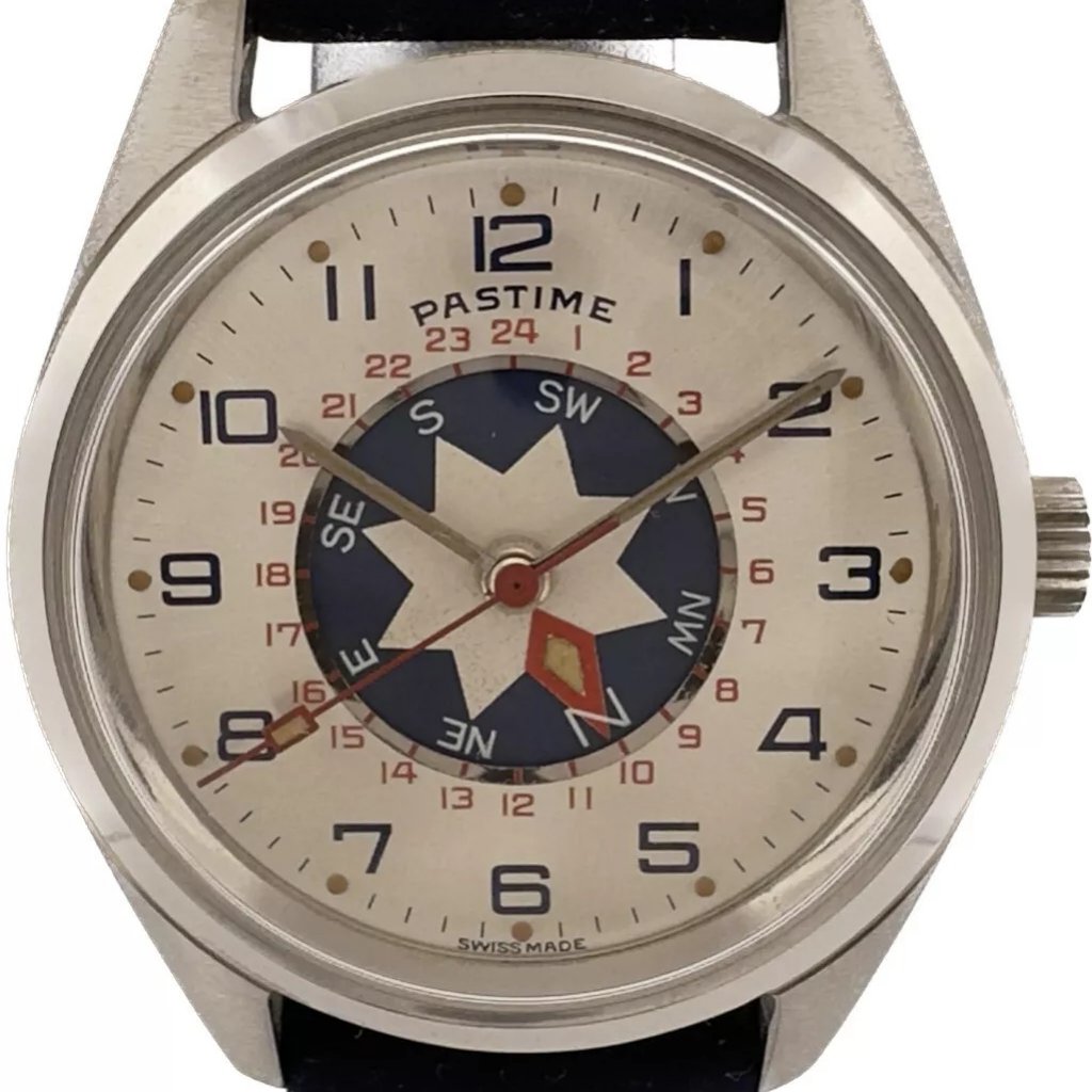 Vintage Pastime Revue Thommen Gmt 24hour Compass Mens Mechanical Wristwatch Nos